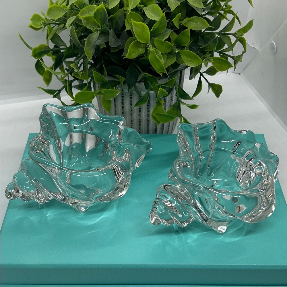 Vintage 1983 Avon Lead Crystal Glass Sea Shell Tea Light Candle Holder set of 2